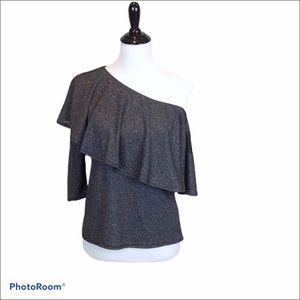 Belle Sky one shoulder 3/4 sleeve ruffle black and silver blouse